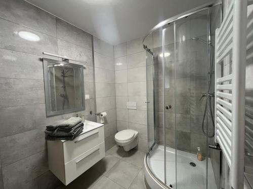 a bathroom with a shower and a toilet and a sink at Apartament w centrum in Krotoszyn