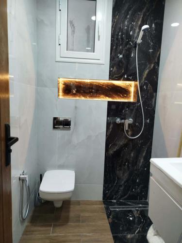 a bathroom with a toilet and a sink and a mirror at Appartement lemjid in Kelibia