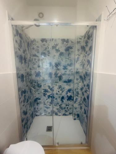 a shower in a bathroom with a blue and white tiles at Lulù Marin Rooms in Scalea