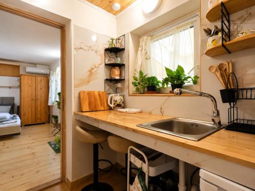 a kitchen with a sink and a counter at Cozy Studio in Szentendre