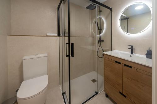 a bathroom with a shower and a toilet and a sink at Un buen día in Ramales de la Victoria