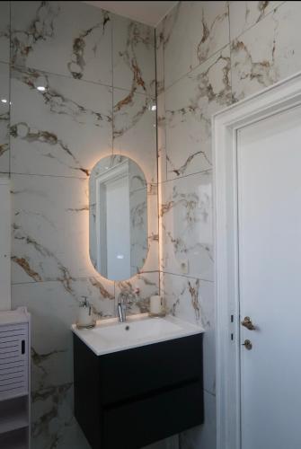 a bathroom with a sink and a mirror on a wall at JBM Appartement spéciaux Gare de Vilvorde - Bruxelles Airport &Brussel Expo in Vilvoorde