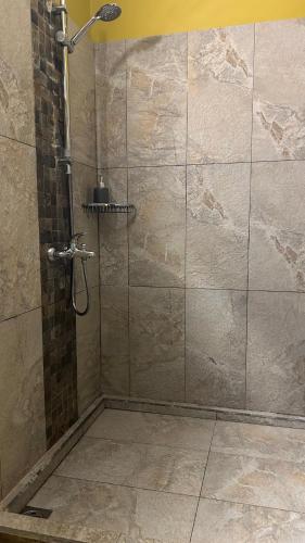 a shower with a glass door in a bathroom at Le Morne Kite Villas in La Gaulette