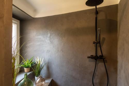a bathroom with a shower with a microphone on the wall at Duplex Terrasse Jacuzzi Privatif & Vue Cévennes in Saint-Jean-du-Gard