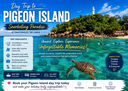 a flyer for a trip to pigeon island with a turtle in the water at TJ JANSE guest inn in Trincomalee