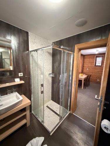 a bathroom with a shower and a sink at Hotel Kukučka Apartment C104 Tatranská Lomnica in Vysoké Tatry