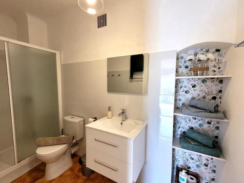 a bathroom with a toilet and a sink and a mirror at Le Mas Cauvy in Saint-Christol-lès-Alès