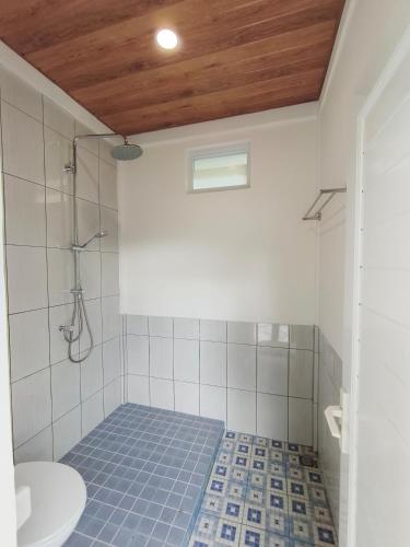 a bathroom with a shower and a toilet and a sink at Pondok Ganda in Ambarita