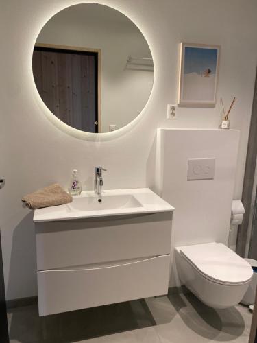a bathroom with a sink and a toilet and a mirror at Leilighet ved fjorden in Årak