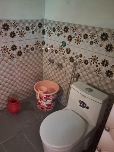 a bathroom with a toilet and a flower patterned wall at Fish Lake Park Guest House in Chitral