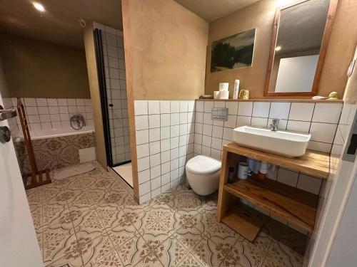 a bathroom with a sink and a toilet at Ocypello in Ocypel