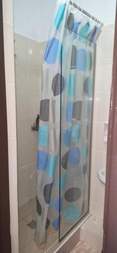 a shower with a blue and gray shower curtain at Одисей in Chişinău