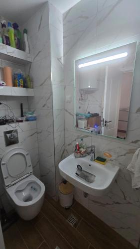 a bathroom with a sink and a toilet and a mirror at Lovely apartmant Bar in Bar