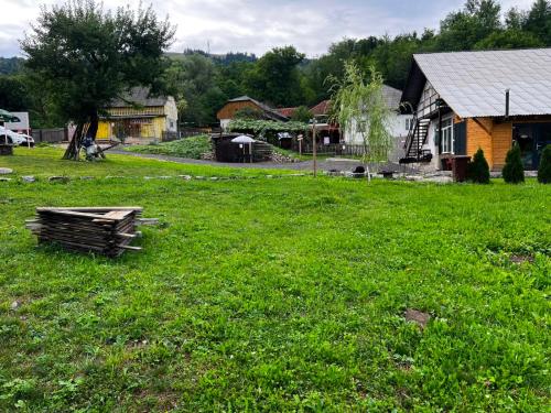 a field of green grass with a house in the background at Casa Adela LaculRosu Bicaz in Neagra