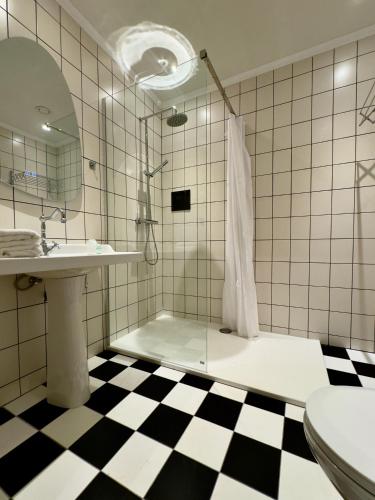 a bathroom with a shower and a sink and a toilet at Orange Parkway Hotel in Diest