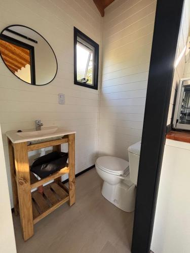 a bathroom with a toilet and a sink and a mirror at TiniHouse AguadePiedra in Villa Giardino