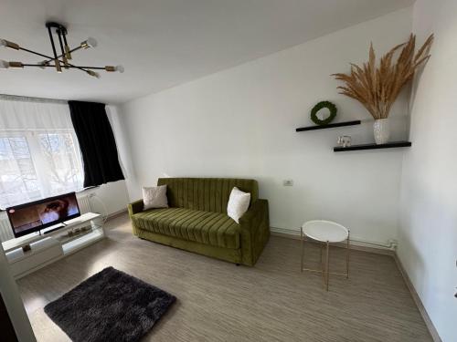 a living room with a green couch and a tv at Nova Stay Craiova in Craiova