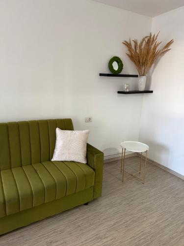 a living room with a green couch and a table at Nova Stay Craiova in Craiova
