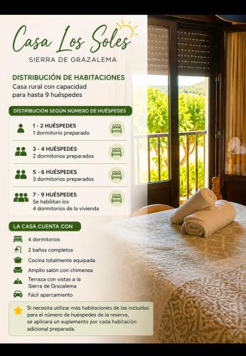 a flyer for a room with a bed with towels on it at Casa Los Soles in El Bosque