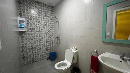 a bathroom with a toilet and a sink and a mirror at Dar Simane Aftas in Mirleft