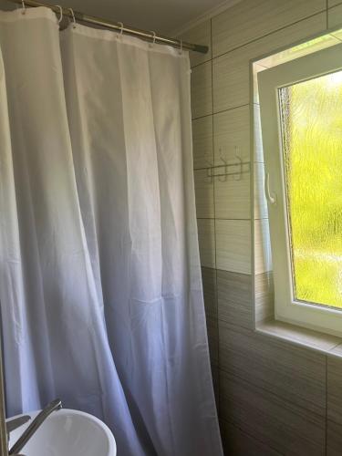 a bathroom with a shower curtain and a sink at Anamyra in Mizhhirya