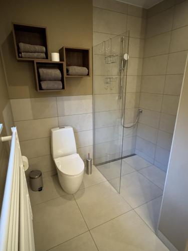 a bathroom with a toilet and a glass shower at Lake House Rågeboda in Södra Rågeboda