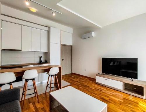 a living room with a couch and a kitchen with a television at Modern Luxury Apartment with Private Garage in Stara Varoš