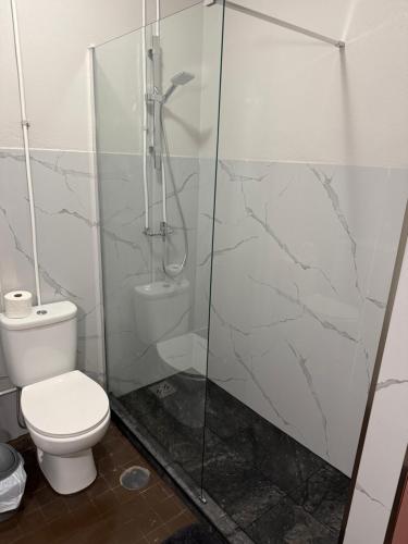 a bathroom with a toilet and a glass shower at Apartamentos Matur in Machico