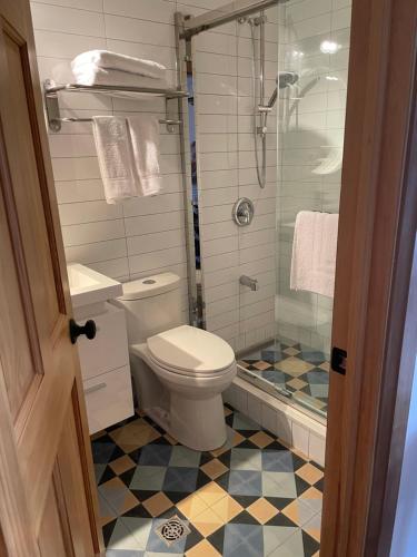 a bathroom with a toilet and a glass shower at Cabbagetown Inn in Toronto