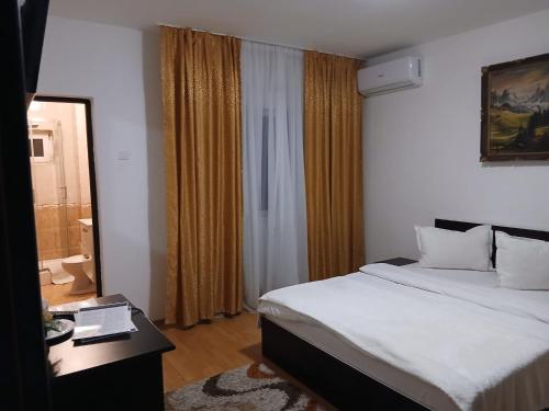 a bedroom with a bed and a desk and a window at Pensiunea Lari in Baile Unu Mai