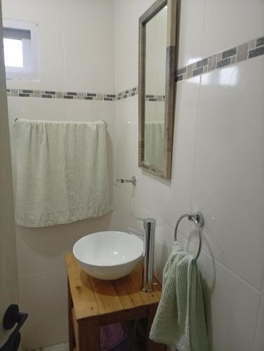 a bathroom with a white sink and a mirror at El Refugio Tapalque in Tapalqué