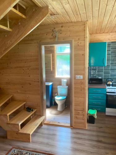 a bathroom with a toilet in a wooden house at Dolina Nataci in Nidzica
