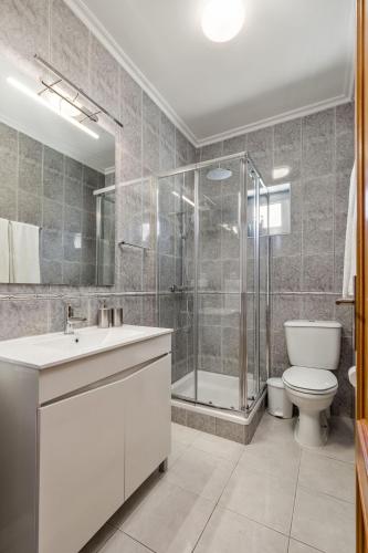 a bathroom with a shower and a toilet and a sink at Cinfães Centro Stay in Cinfães