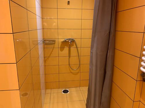 a shower with a glass door in a bathroom at Na Rogu in Sandomierz