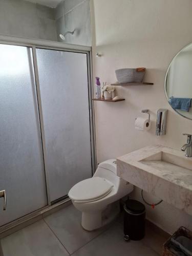 a bathroom with a shower and a toilet and a sink at Depa Coralux in San Carlos