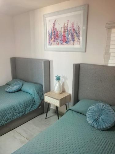 a bedroom with two beds and a picture on the wall at Depa Coralux in San Carlos
