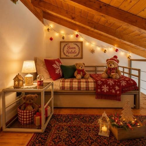 two teddy bears sitting on a bed with christmas lights at BB10 OASI in Arona