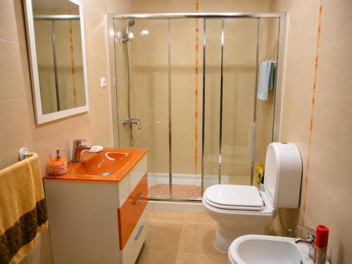 a bathroom with a shower and a toilet and a sink at Casa Bia Olívia in Albernoa