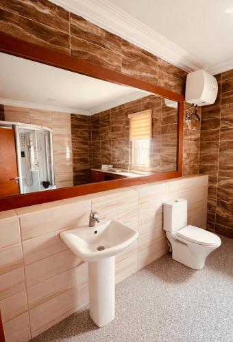 a bathroom with a sink and a toilet and a mirror at The Castle Private Villa in Aso