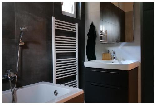 a bathroom with a white sink and a mirror at Apartman Sysl in Ricany