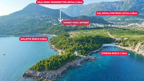 arial view of a island in a body of water at Sunset Pool Retreat in Zagrađe