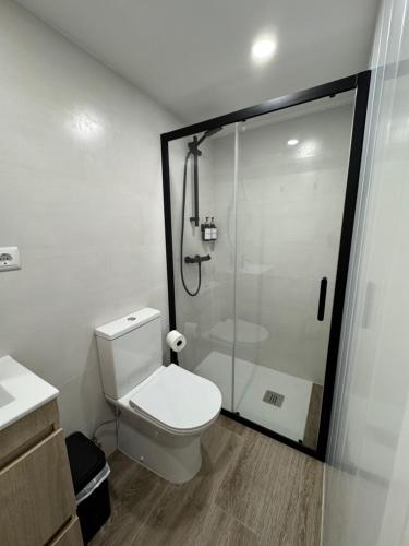 ein Badezimmer mit Dusche und weißer Toilette in der Unterkunft Malecón Do Azeite in Moura