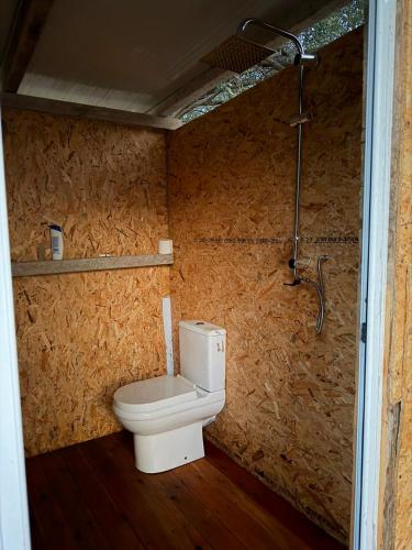 a bathroom with a toilet and a shower at SeaGrove Camping in Himare