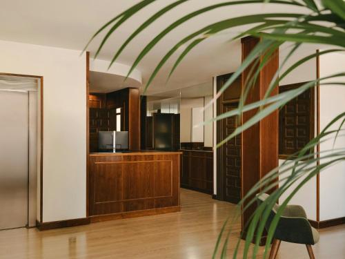 a kitchen with wooden cabinets and a potted plant at Sercotel Toledo Imperial in Toledo