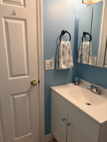a bathroom with a sink and a mirror at The Corner Cottage in Palm Harbor