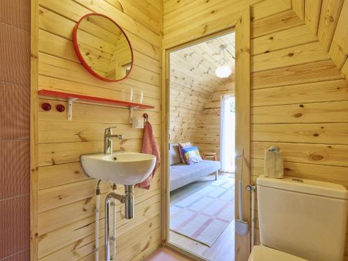 a bathroom with a sink and a mirror at Tiny House Jet in Goedereede