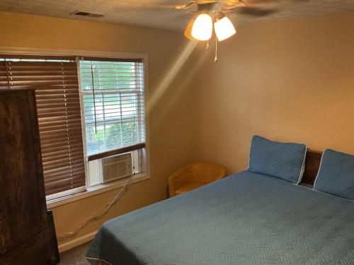 a bedroom with a blue bed and a window at Guest Suites in Conley