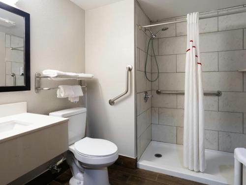 a bathroom with a shower and a toilet and a sink at Red Roof Inn Binghamton North in Binghamton