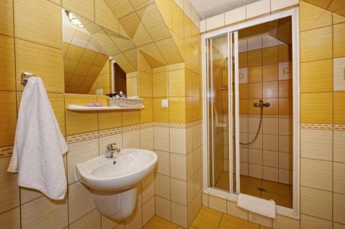 uma casa de banho com um lavatório e um chuveiro em Noclegi I Restauracja Zodiak em Gliwice
