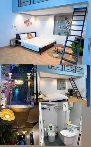 a collage of pictures of a bedroom with a bunk bed at Muối Vừng Home in Ða Gia